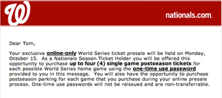 Illustration for article titled After One Of The Most Excruciating Losses In Postseason History, The Nationals Sent Their Fans A Ticket Presale Notice For The World Series